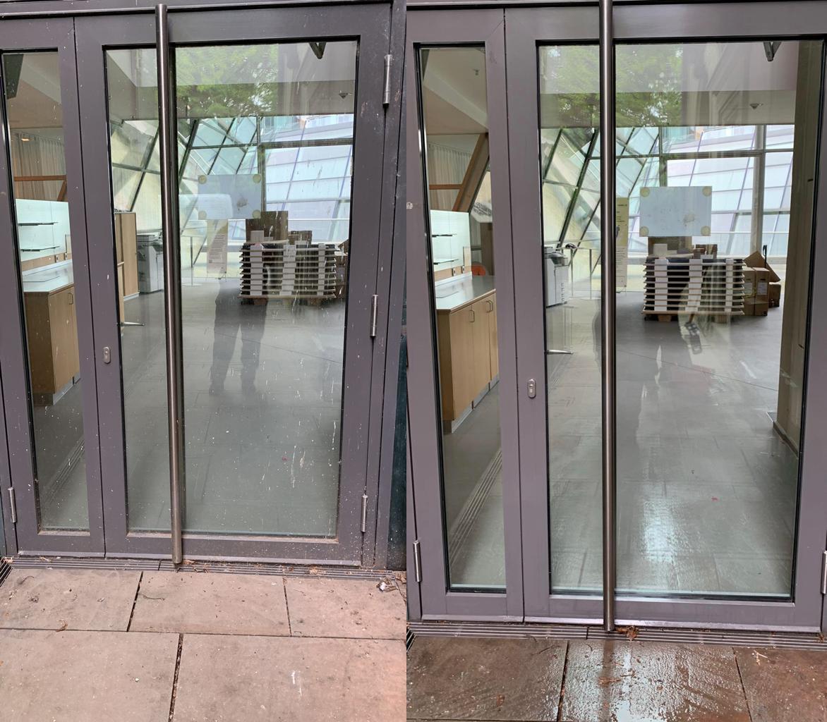 Cleaning glass doors before and after